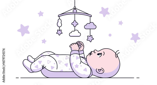 Cute Infant Lying Down Looking Up at Crib Mobile and Staring at the Toys
