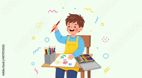 Cute little boy drawing with pencils on paper while smiling and sitting at table