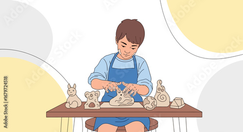 Creative Kid Making Pottery Art With Clay Hand Shaping on Table in Studio
