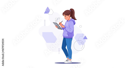 Creative Professional Girl Using Digital Tablet and Stylus for Graphic Design Projects