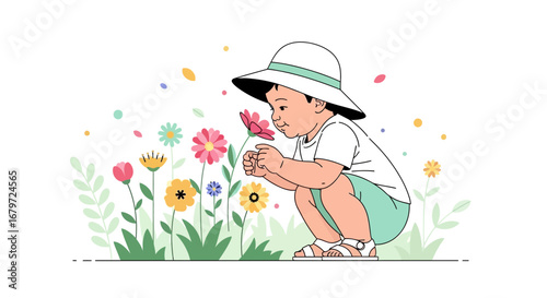 Cute little boy smelling a flower in a field of colorful vibrant flowers