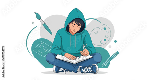 Creative Student Focused On Sketching And Drawing In Studio Environment