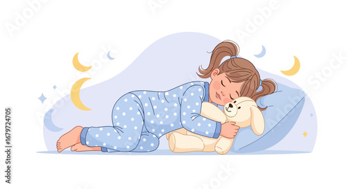 Cute Little Girl Sleeping with Teddy Bear in Bedroom at Night Time, Vector Illustration
