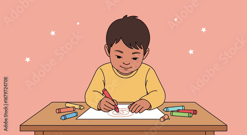 Creative Young Artist Concentrating On Drawing With Colorful Crayons At The Table