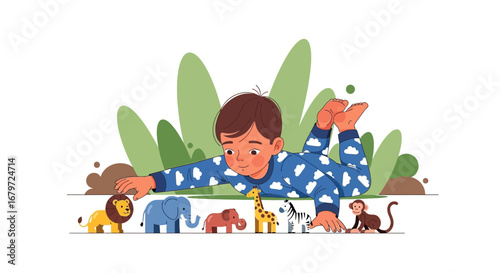 Cute little kid playing with different animal toys in a colorful illustration