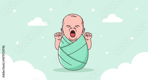 Cute newborn baby yawning in a swaddle with clouds and stars, cartoon vector design