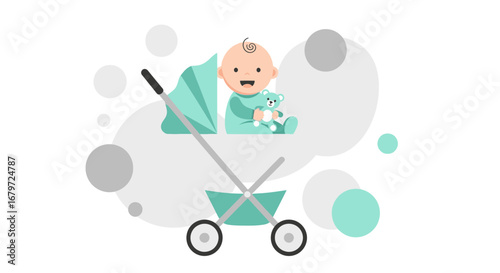 Cute smiling baby with a teddy bear in a pram over abstract background simple design