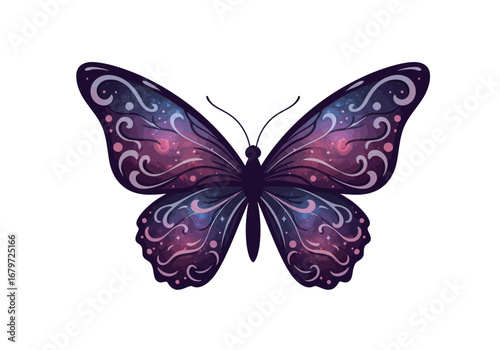 Cosmic Butterfly with Intricate Swirls on White Background.
