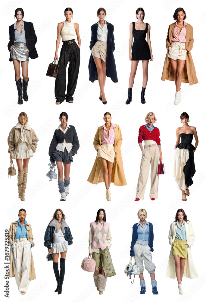 Fototapeta premium PNG Trendy fashion models ensemble, element set on transparent background