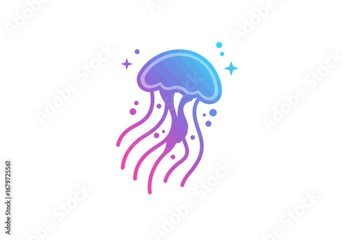 Colorful Gradient Jellyfish Cartoon Illustration on White Background.
