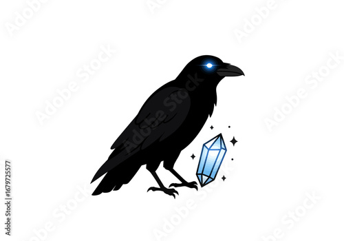Black Raven with Blue Crystal and Glowing Eyes Illustration.