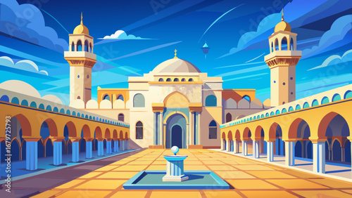 Kairouan Great Mosque, Tunisia, stands with massive courtyard, square minaret, and endless colonnades. Clear blue sky, sunlit arcs; semi-realistic flat vector capturing order, symmetry, and refined 