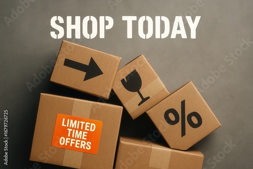 Shop today with LIMITED TIME OFFERS sale banner, glossy style, compelling retail discount promotion.