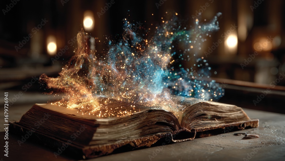 Obraz premium An ancient book bursts with magical sparks