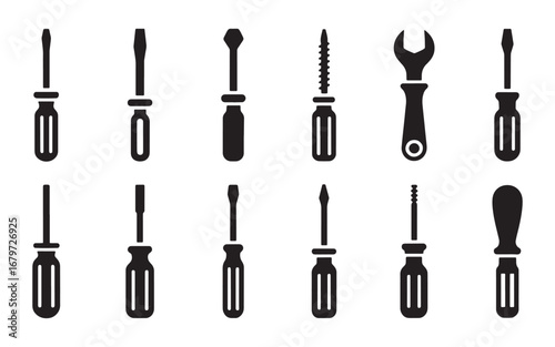 Collection of black and white tool icons screwdriver wrench