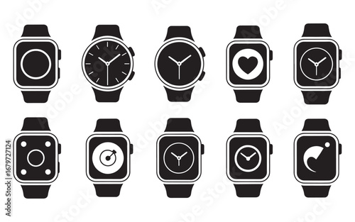 Collection of black and white smartwatch icons technology digital