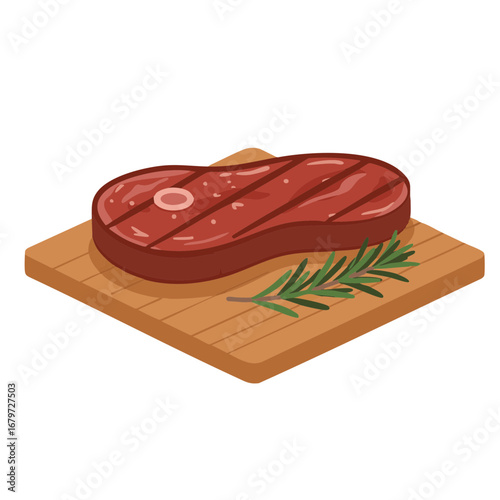 Beef steak on wooden board with rosemary flat vector design