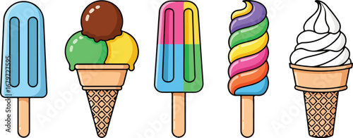 Assortment of colorful ice cream treats on a white background