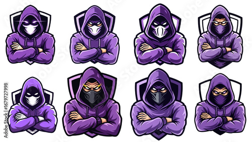 Purple Hooded Ninja Esports Mascot Logo Set Vector, Arms Crossed, Shield Emblem, Modern Gaming Avatars, Isolated on White