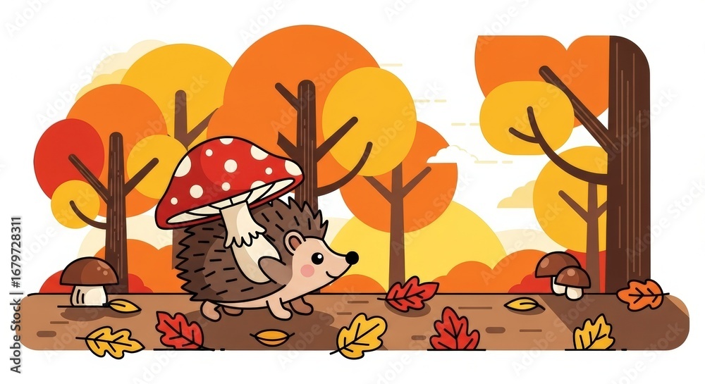 Obraz premium Cute Cartoon Hedgehog Carrying a Mushroom Walking Through a Colorful Autumn Forest with Fallen Leaves