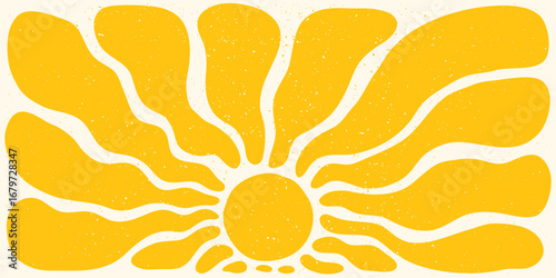 Orange retro sun illustration with bold organic rays on a grain textured hori...