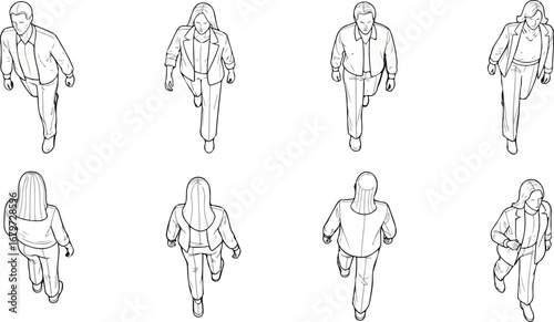 Collection of eight stylized line drawings of people walking from a top down perspective