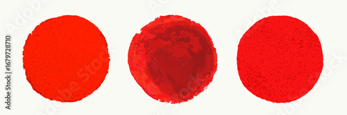 Japanese style red sun circles with grunge, paint, and textured finishes. Bol...