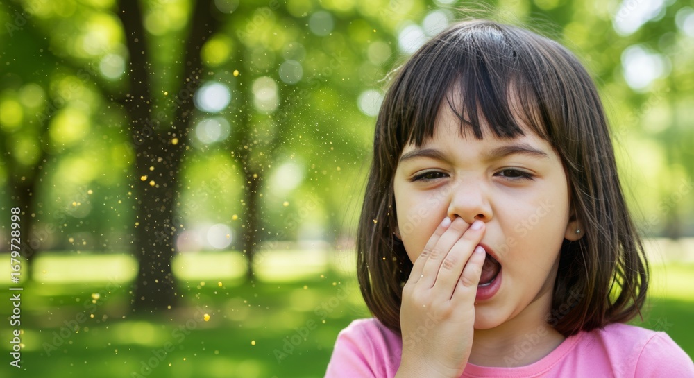 Fototapeta premium Achoo Young Girl with Hay Fever Sneezes from Pollen in a Sunlit Spring Park.