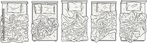 Top down view of five neatly made beds in a row with white linens