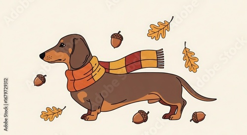 Cute Brown Dachshund Dog Wearing a Colorful Scarf in an Autumn Scene with Falling Leaves