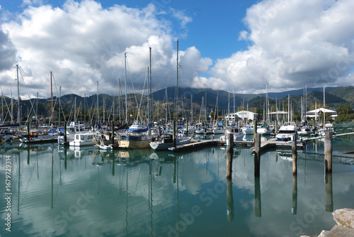 Yachts and private sailing boats in marina in the port of Nelson, New Zealand during sunny day.