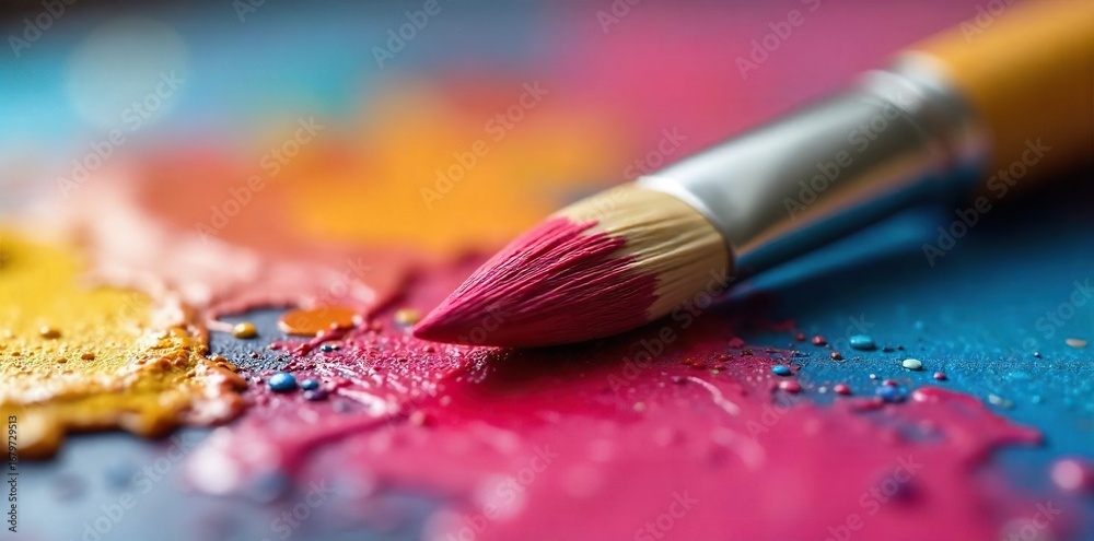 Fototapeta premium Close-up of a paintbrush resting on a painter's palette, bristles still wet with vibrant acrylic paint Ready for the next stroke of artistic creation , hue, shade