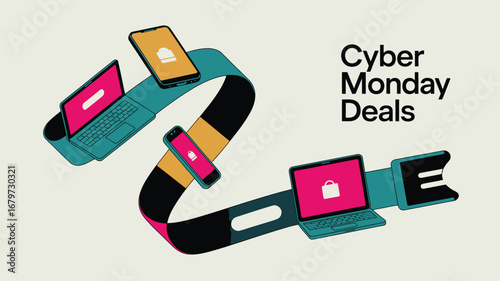 Cyber monday deals promotion with laptops and phones on a ribbon with shopping icons on screens