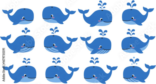 Blue whale icons. Flat vector illustration of blue whale. Decorative cute illustration for children. Graphic design elements for print and web.
