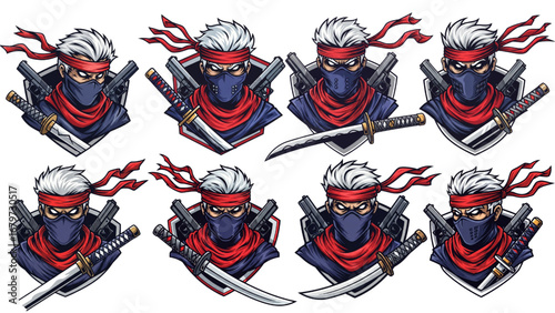 White Hair Ninja Esports Mascot Logo Set Vector, Red Bandana Mask, Katana Sword Variations, Modern Gaming Avatar Collection, Isolated on White