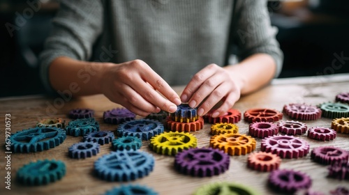 Hands assembling colorful gears
