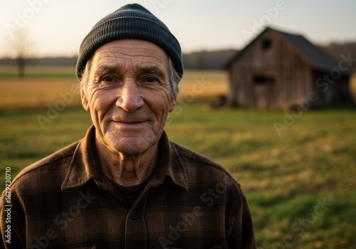 An elderly man with a warm smile in a field, featuring a barn in the background.