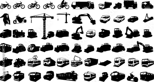 Set of various transportation and construction machinery. Icons of Motorcycles and bicycles, cars, heavy trucks, Heavy-duty vehicles and buses.
