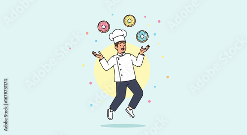 Chef Joyfully Juggling Delicious Donuts Against a Playful, Pastel-Colored Background