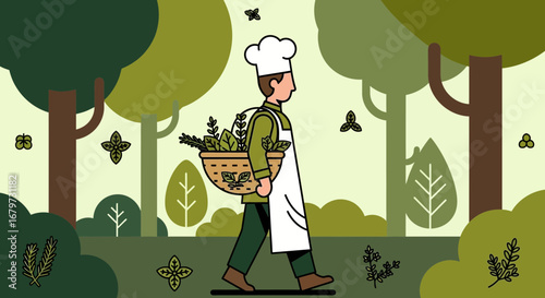 Chef in the forest carrying herbs in a basket for cooking and gastronomy
