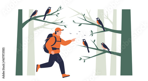Cartoon illustration of a hiker and birds in a forest environment surrounded by trees