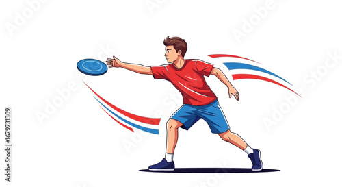 Cartoon illustration of a man playing frisbee, sports action with a white background