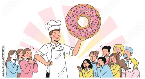 Chef presenting a large glazed donut to an excited audience, vector illustration