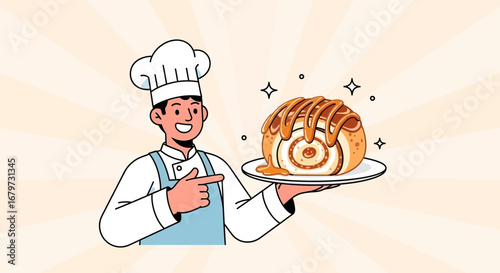 Chef presenting a delicious cinnamon roll with caramel sauce on a plate