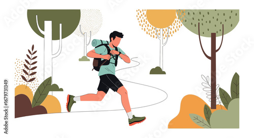 Cartoon illustration of a man running with a backpack in a natural environment