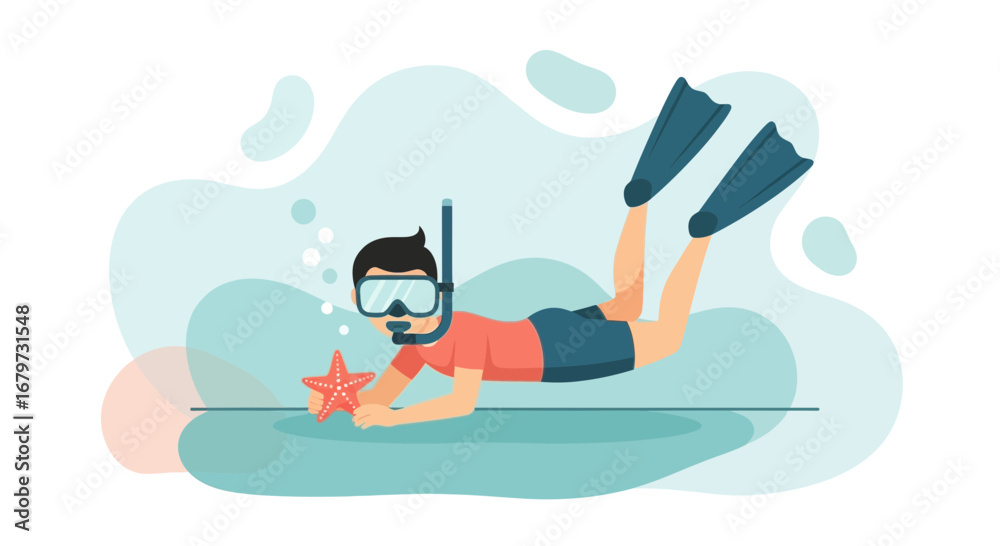 Obraz premium Cartoon illustration of a person snorkeling with a starfish underwater exploring the sea