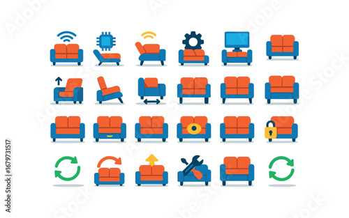 colorful flat vector icons Sofa (Advanced) sofa smart sofa ai sofa auto sofa manual sofa track sofa monitor sofa adjust sofa recline sofa extend sofa fold sofa unfold sofa compact sofa.