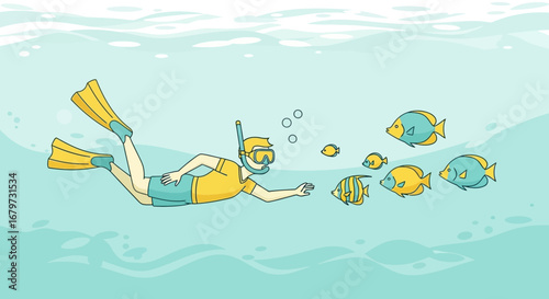 Cartoon illustration of a person snorkeling with fish in sea water underwater