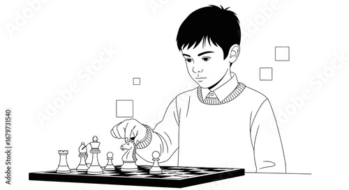 Chess Strategy: A Young Mind Contemplates The Next Move On The Chessboard Carefully