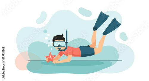 Cartoon illustration of a person snorkeling with a starfish underwater exploring the sea